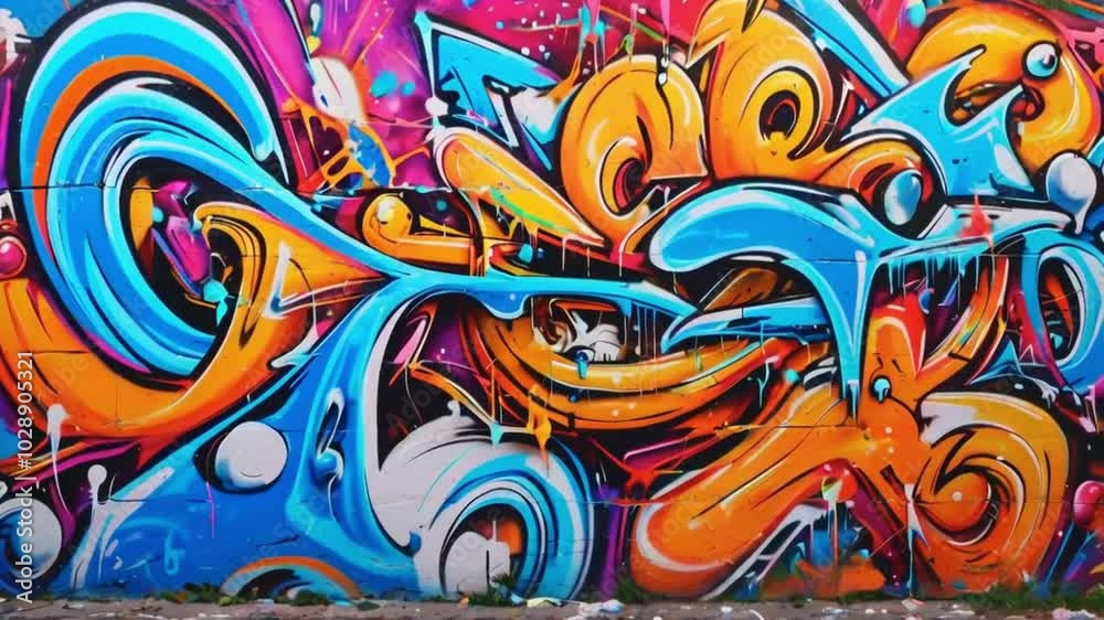 Vibrant Graffiti Art in Blue, Orange, and Purple on a Large Wall 4K Vibrant Graffiti Art in Blue, Orange, and Purple on a Large Wall 4K