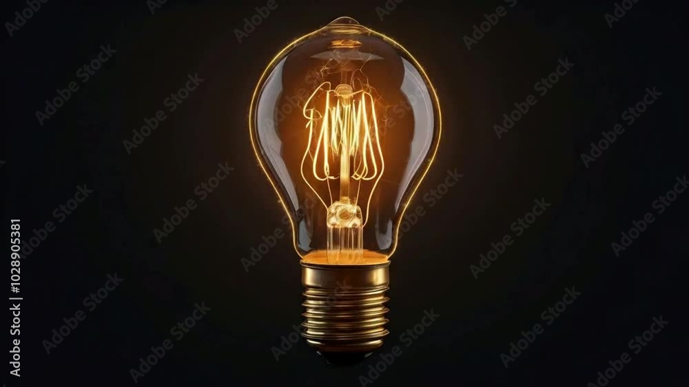 Vintage Incandescent Light Bulb Glowing Against Black Background – Warm Filament Structure Highlighted – Themes of Ideas, Innovation, and Nostalgia – 4K.
