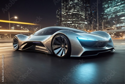 Futuristic cyber car running in a city at night with copy space, super speed, motion blur. photo