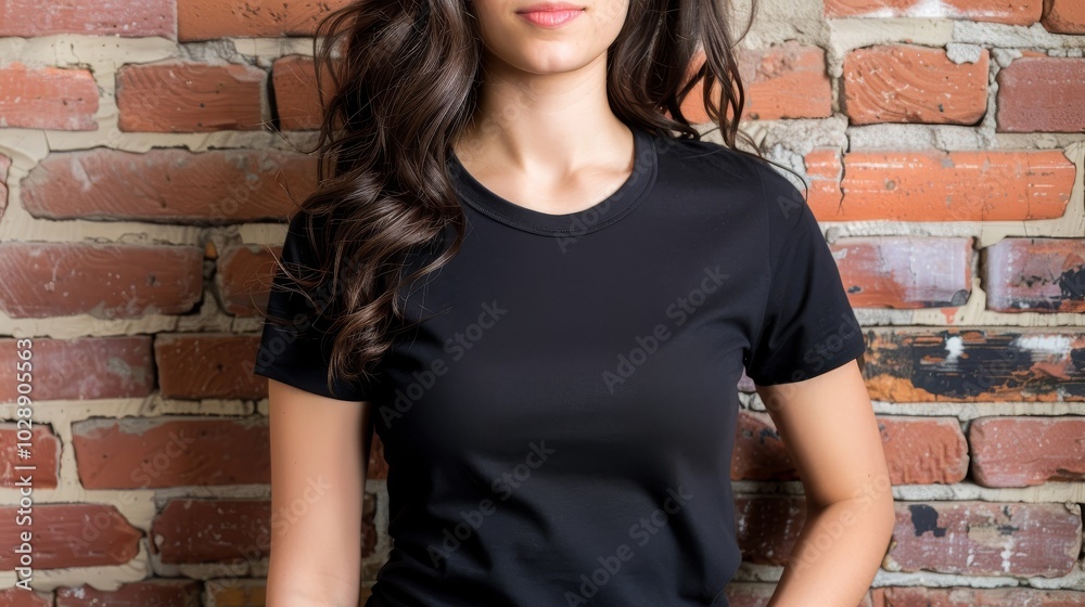 Urban Chic - Confident Model in Fitted Black T-Shirt Against Vintage Brick Wall Urban Chic - Confident Model in Fitted Black T-Shirt Against Vintage Brick Wall
