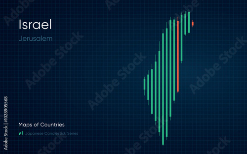 Israel map is shown in a chart with bars and lines. Japanese candlestick chart Series