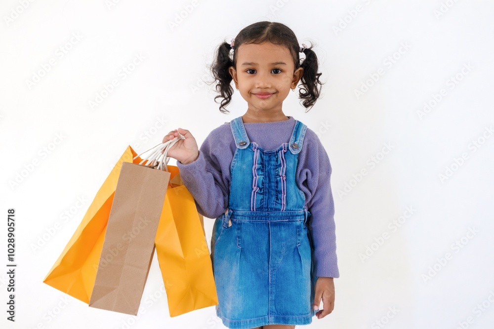 A cheerful little Asian girl posing while holding paper shopping bags in her right hand on a white background A cheerful little Asian girl posing while holding paper shopping bags in her right hand on a white background