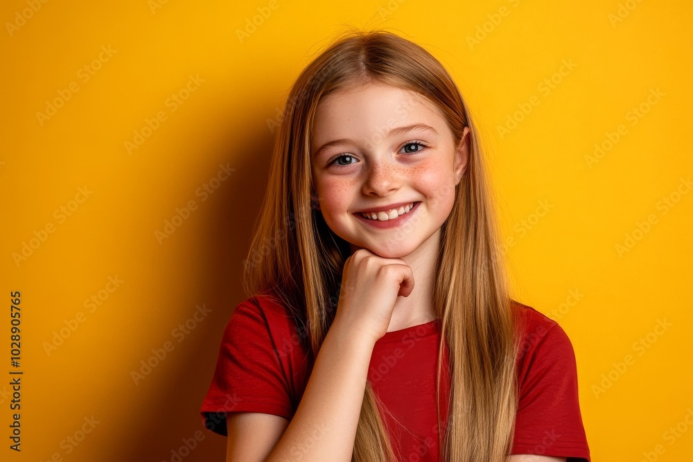 Lovely schoolgirl wearing a pink t-shirt with finger touching her chin isolated on yellow color background in good mood Lovely schoolgirl wearing a pink t-shirt with finger touching her chin isolated on yellow color background in good mood