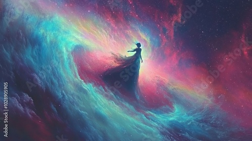 A woman in a long dress stands on a cloud in a colorful galaxy.