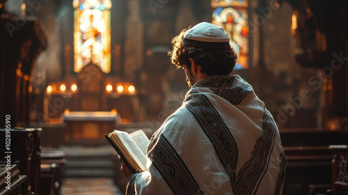 A man wearing a prayer shawl reads from a holy book in a synagogue, bathed in warm light from stained glass windows