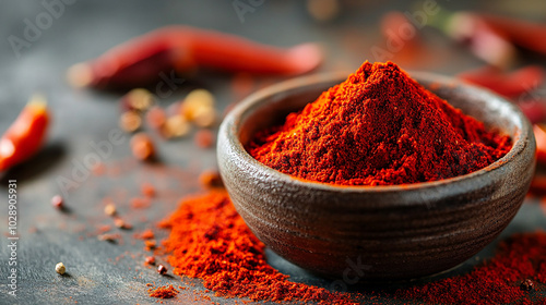 Close-up of vibrant red chili powder in a small bowl