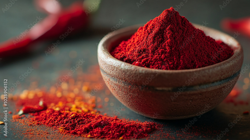 Close-up of vibrant red chili powder in a small bowl Close-up of vibrant red chili powder in a small bowl