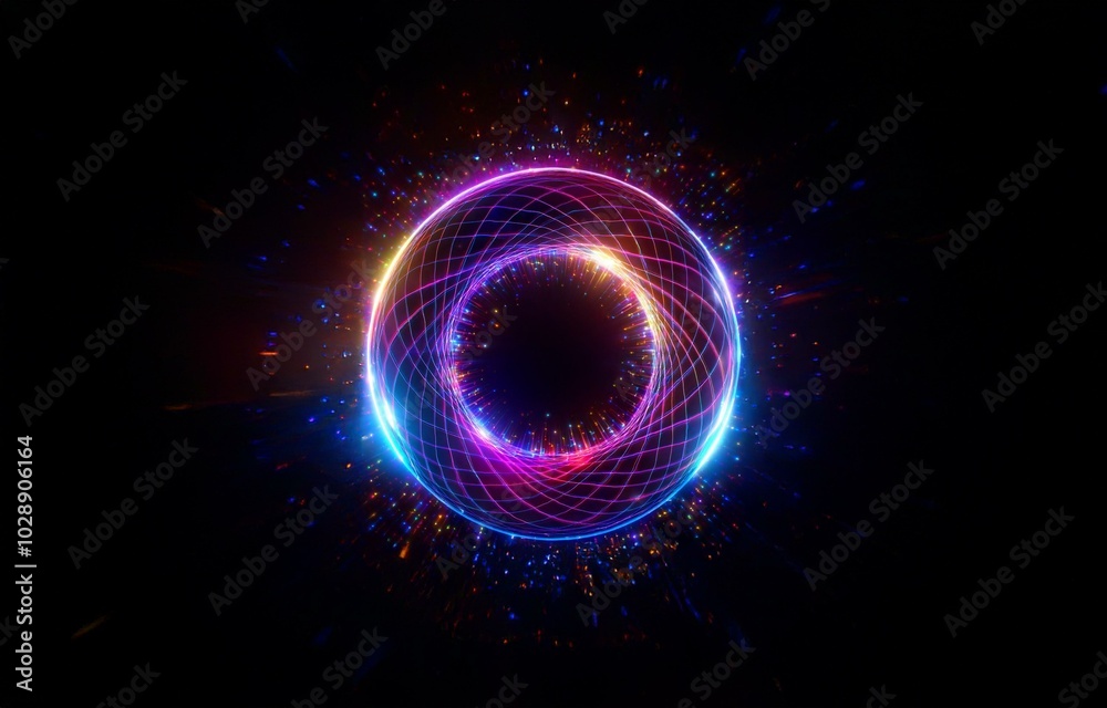 A glowing sphere of light, composed of swirling lines, is centered on a black background. A glowing sphere of light, composed of swirling lines, is centered on a black background.