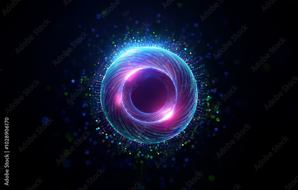 A glowing sphere of vibrant colors and a ring of light against a dark background. A glowing sphere of vibrant colors and a ring of light against a dark background.