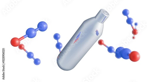 3d animation of Nitrous oxide (N2O) molecules, also known as laughing gas. As a propellant in whipped cream cans and a flavoring agent, or for a sedative and pain reliever.