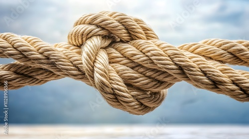 Complex web of interconnected ropes symbolizing intricate business relationships and antitrust challenges, with a focused foreground rope representing the effort to break monopolies. photo