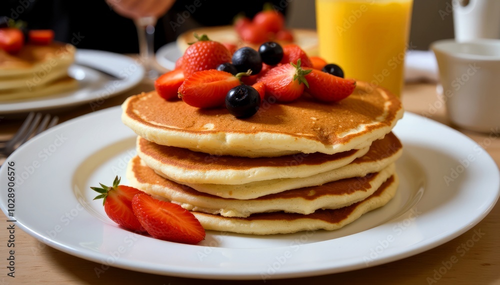Fluffy pancakes topped with fresh strawberries and blueberries served with orange juice Fluffy pancakes topped with fresh strawberries and blueberries served with orange juice