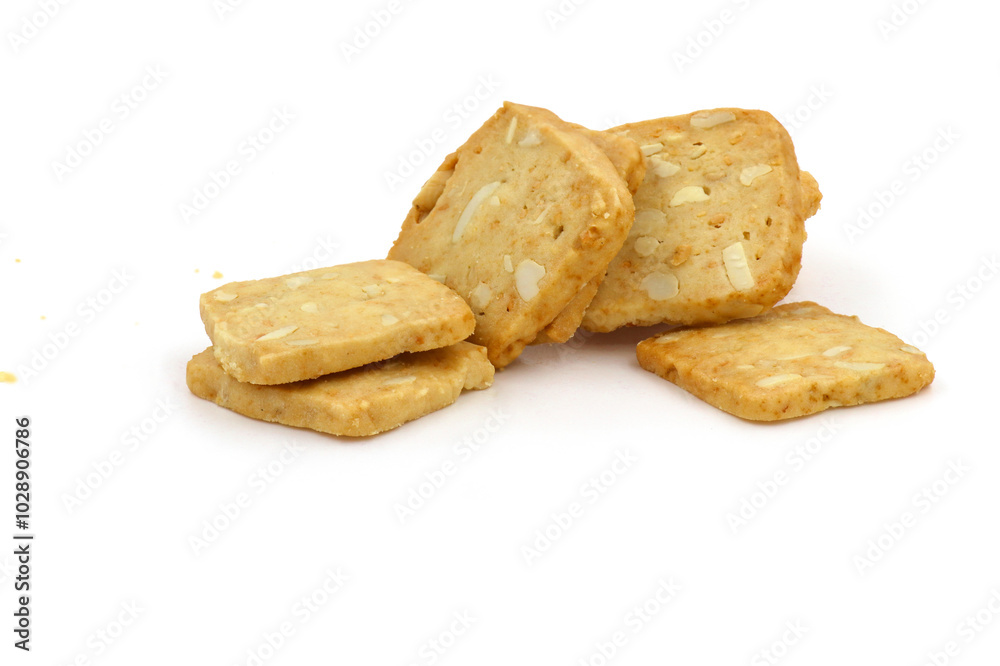 Mixed Cheese Cookies Nuts isolated on white background Mixed Cheese Cookies Nuts isolated on white background