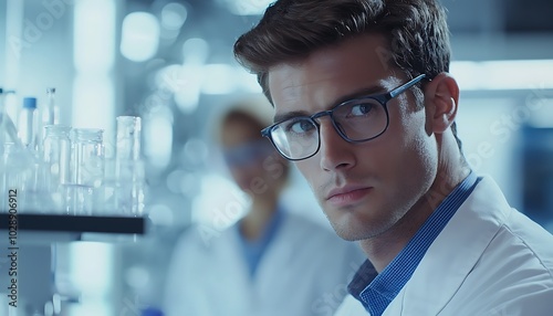 Modern young scientist in a lab coat leads research in a sophisticated lab. photo