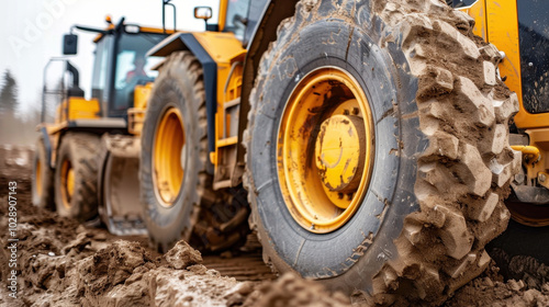 Heavy machinery with large, rugged tires is seen working on muddy construction site, showcasing power and efficiency of these machines in leveling terrain