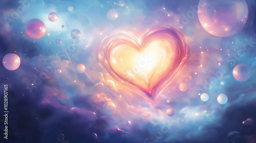 Radiant heart shape surrounded by colorful bubbles in a dreamy cosmic landscape