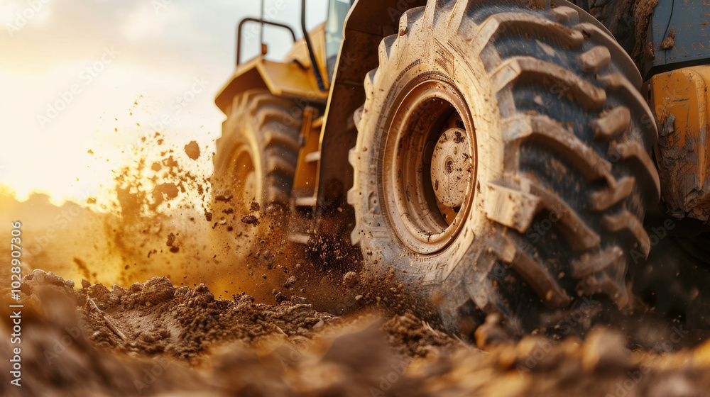 Heavy machinery is captured in close up shot, showcasing large tires kicking up dirt and dust during operation. warm sunlight adds dynamic feel to scene Heavy machinery is captured in close up shot, showcasing large tires kicking up dirt and dust during operation. warm sunlight adds dynamic feel to scene