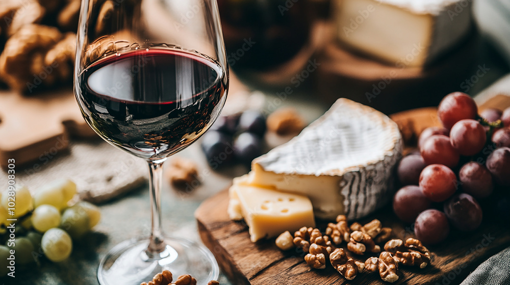 Close-up of wine and cheese pairing on a rustic board Close-up of wine and cheese pairing on a rustic board