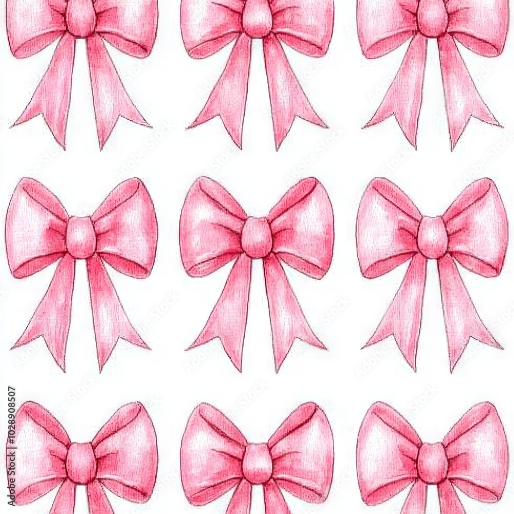 Printed watercolor pattern with pink ribbons and bows on white background. Printed watercolor pattern with pink ribbons and bows on white background.