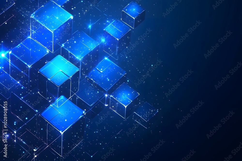 Futuristic digital blockchain cubes, representing distributed ledger technology and decentralized data management, glow in a network of interconnected nodes for secure data exchange. Futuristic digital blockchain cubes, representing distributed ledger technology and decentralized data management, glow in a network of interconnected nodes for secure data exchange.
