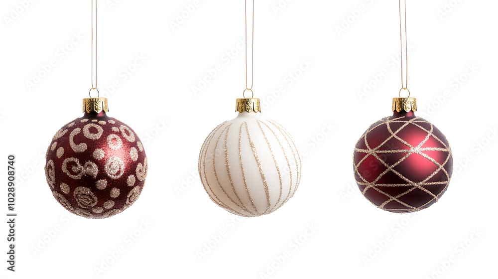 Three round Christmas ornaments hanging from strings, featuring red, white, and gold designs and glitter. Three round Christmas ornaments hanging from strings, featuring red, white, and gold designs and glitter.