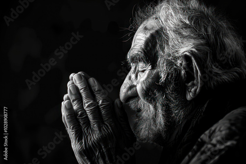 Thoughtful Old Man Praying Against a Black Background, Displaying Deep Wrinkles and Wisdom