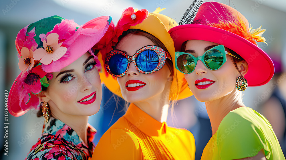 Obraz premium Three women in colorful hats and sunglasses, smiling brightly for a photo.
