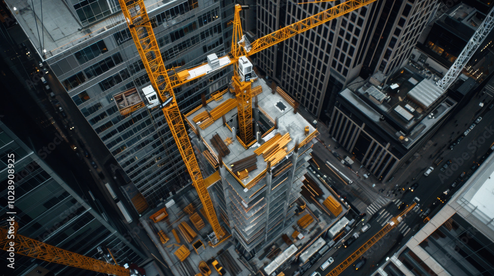 Construction cranes dominate skyline as they work on high rise building. bustling city below showcases mix of urban architecture and construction activity, creating dynamic scene Construction cranes dominate skyline as they work on high rise building. bustling city below showcases mix of urban architecture and construction activity, creating dynamic scene