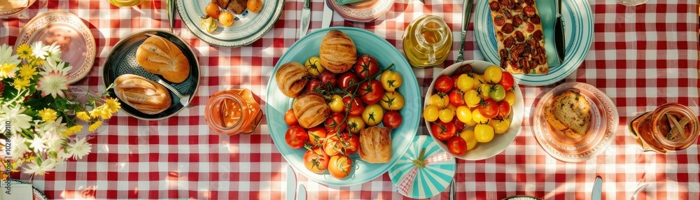 A vibrant outdoor picnic feast with assorted dishes and beverages A vibrant outdoor picnic feast with assorted dishes and beverages