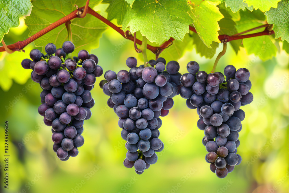 Clusters of Ripe Black Grapes Hanging From Lush Vines in a Sunlit Vineyard Clusters of Ripe Black Grapes Hanging From Lush Vines in a Sunlit Vineyard