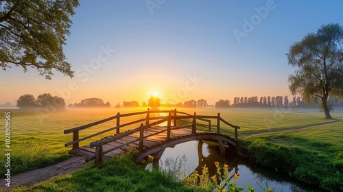 Wooden bridge over a stream in a foggy meadow at sunrise. © Arthena