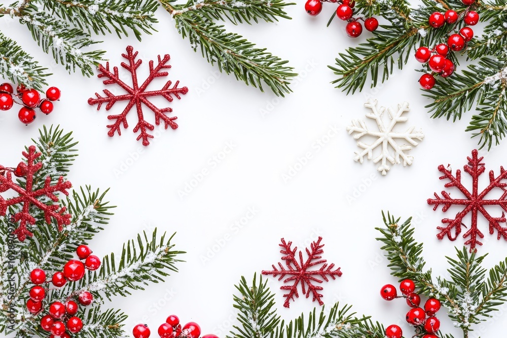 Decorations and pine branches against a white background Decorations and pine branches against a white background