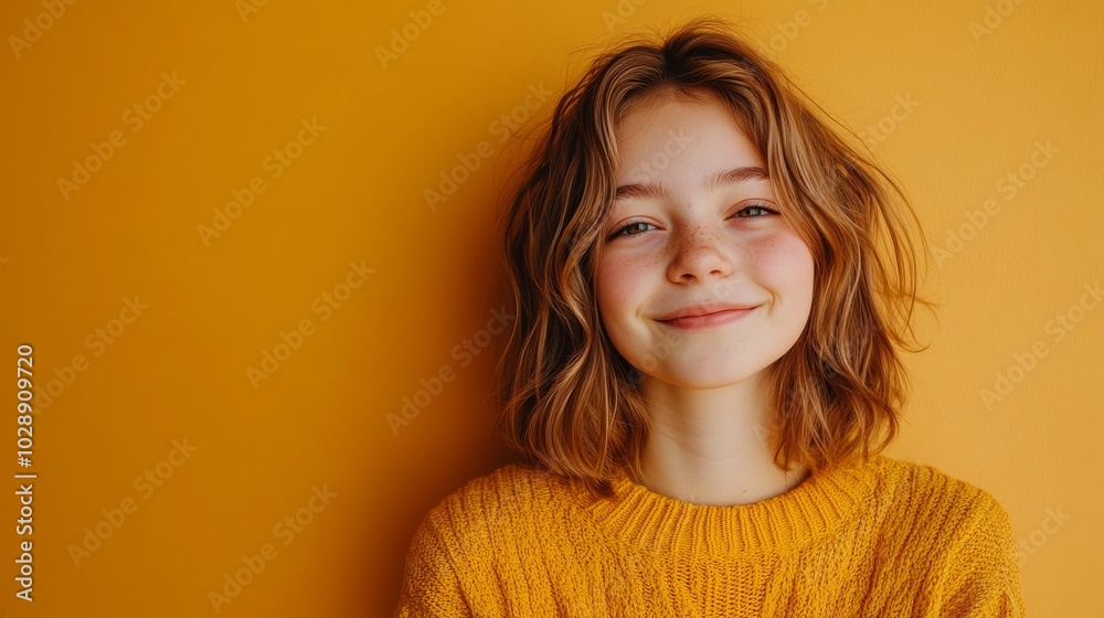 The portrait is of a smiling teen girl against an orange background. The portrait is of a smiling teen girl against an orange background.