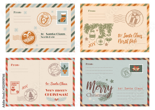 Envelope templates design or postcards for Christmas and New Year. Vector empty mock up set. Vintage paper card or blank document for the North Pole mail. Letters to Santa Claus. Postmarks and stamps.