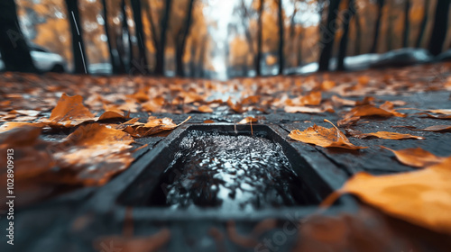 Fototapeta Naklejka Na Ścianę i Meble -  Low-angle view of a wet street in autumn, covered with fallen orange leaves and a focus on a small water drain with flowing water.