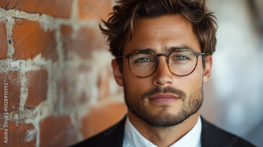 An attractive young man in eyeglasses with his arms crossed and looking at the camera while standing against a brick wall : Stock photo An attractive young man in eyeglasses with his arms crossed and looking at the camera while standing against a brick wall : Stock photo