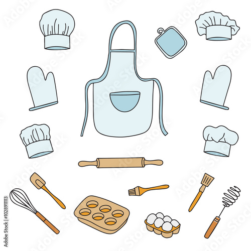 Colorful collection of baking accessories. Set of kitchen utensils and cooking clothes in doodle style on white background. Vector.