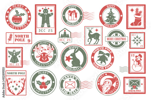Set of Christmas post stamps. Vector retro icons or stickers. Holiday sign or prints for envelope decoration. New Year collection for North Pole mail of Santa Clause. Vintage grunge postal imprint.