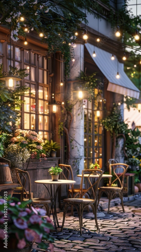 Charming café with outdoor seating and hanging lights, 4K hyperrealistic photo Charming café with outdoor seating and hanging lights, 4K hyperrealistic photo