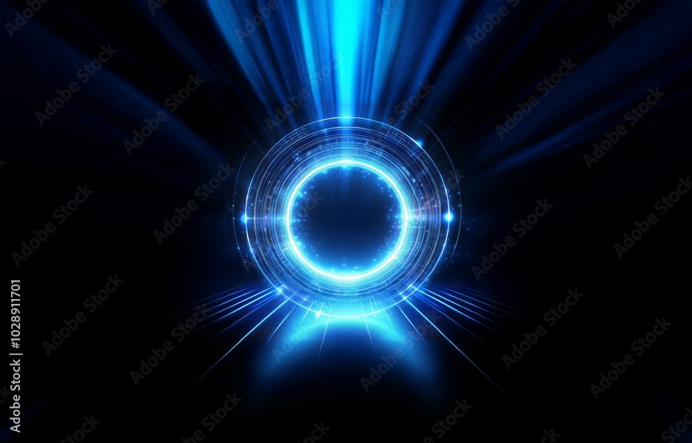 A glowing blue circle with rays of light extending outwards against a dark background. A glowing blue circle with rays of light extending outwards against a dark background.