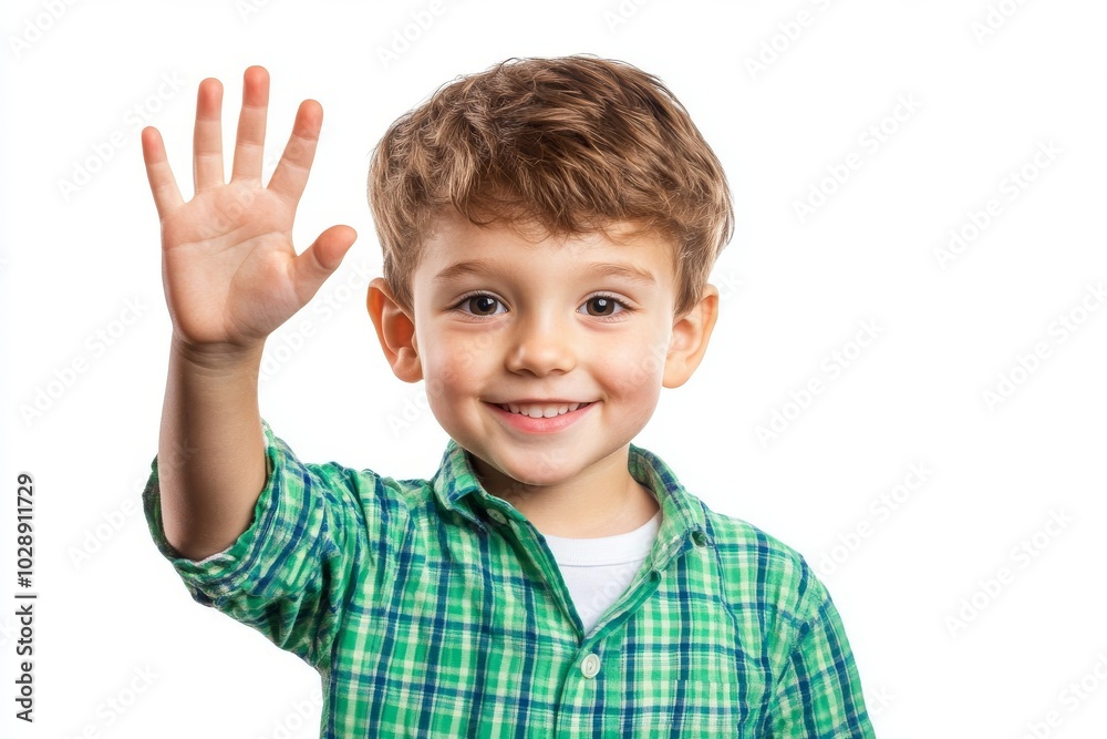 Waving hello with a friendly welcome gesture, a Caucasian teen boy wearing a green plaid shirt with white background. Waving hello with a friendly welcome gesture, a Caucasian teen boy wearing a green plaid shirt with white background.