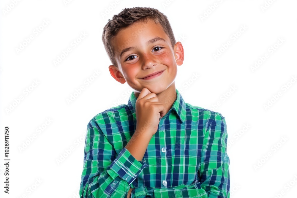 A funny Caucasian teen boy wearing a green plaid shirt against a white background holds an open palm and displays a new product A funny Caucasian teen boy wearing a green plaid shirt against a white background holds an open palm and displays a new product