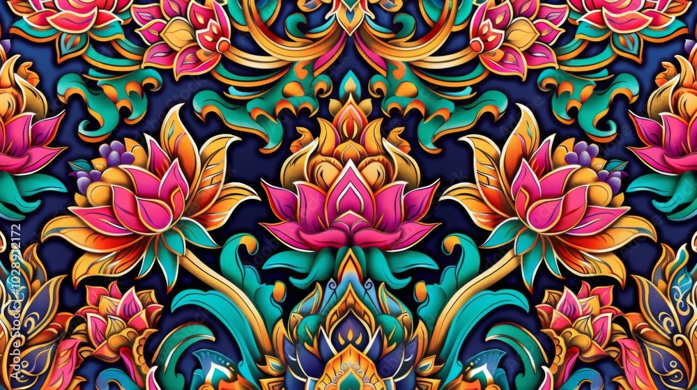 Vibrant Thai Patterns with Colorful Flowers Vibrant Thai Patterns with Colorful Flowers