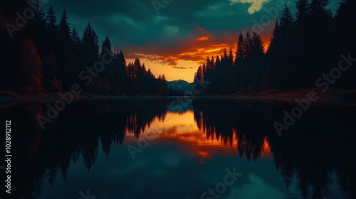 A dramatic sunset paints the sky with vibrant hues over a tranquil forest lake.