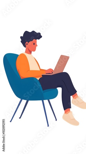 A person sitting on a blue chair with a laptop in their lap, a simple flat vector illustration, on a white background, in a minimalistic style