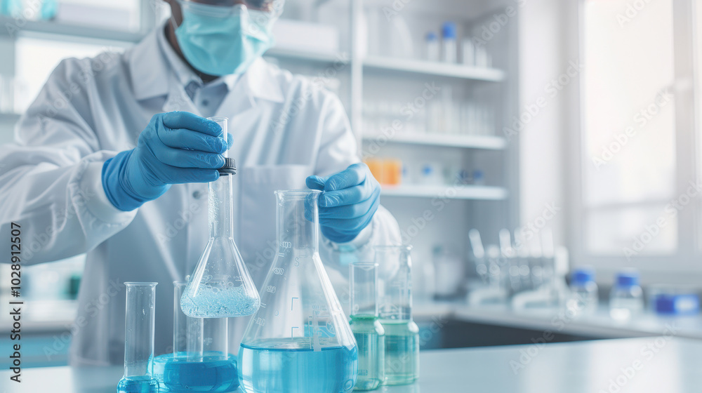 scientist in laboratory is conducting chemical experiment, carefully measuring liquids in various glassware. atmosphere is focused and precise, showcasing importance of scientific research scientist in laboratory is conducting chemical experiment, carefully measuring liquids in various glassware. atmosphere is focused and precise, showcasing importance of scientific research