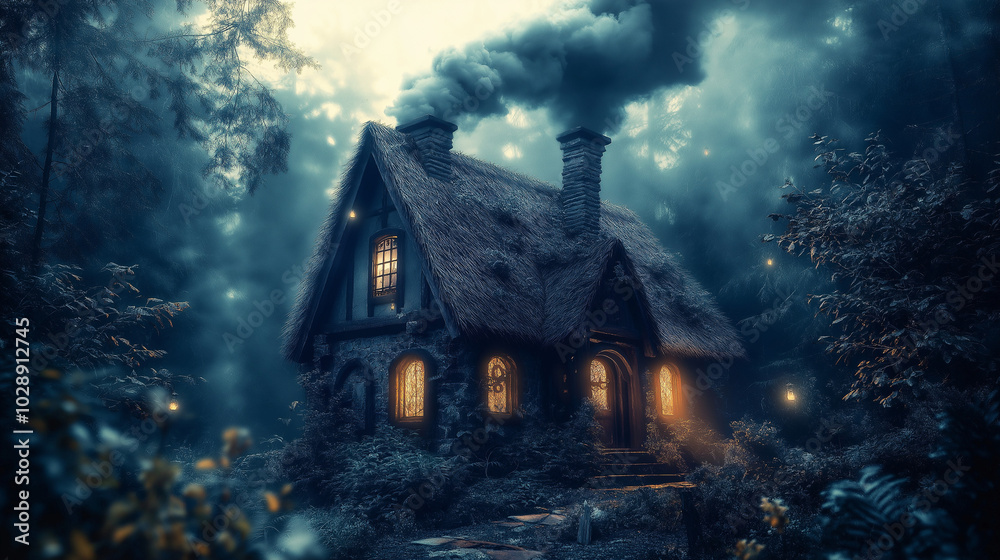 Fototapeta premium Mystical cottage with smoke rising from the chimney, surrounded by a dark enchanted forest
