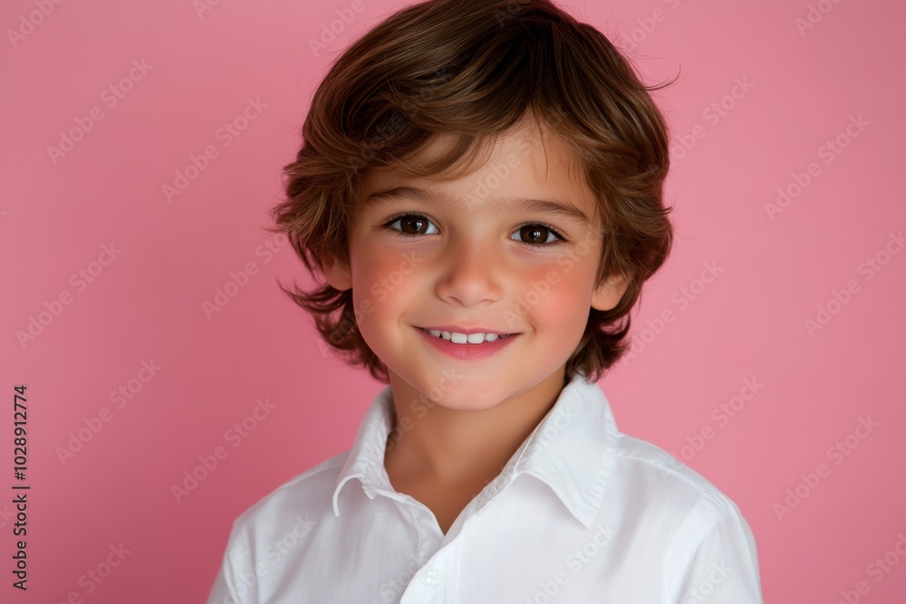 In a white shirt and pink background, a smiling little boy poses for a portrait In a white shirt and pink background, a smiling little boy poses for a portrait