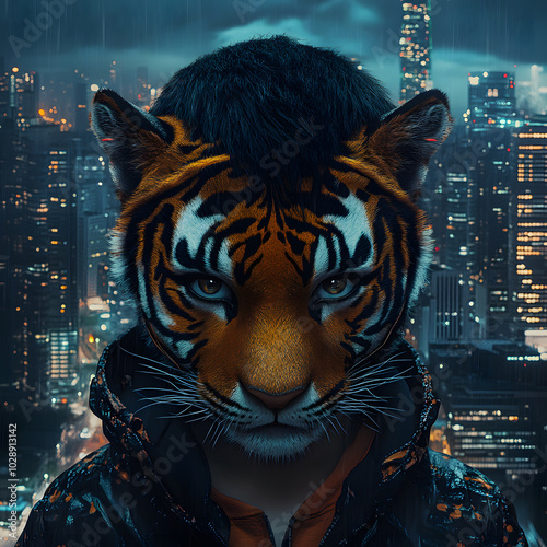 Quadrobists Style Art, a portrait of a young boy in a tiger mask surrounded by city landscape, a teenager with tiger  face in animal costume. Quadrobics fandom subculture. photo