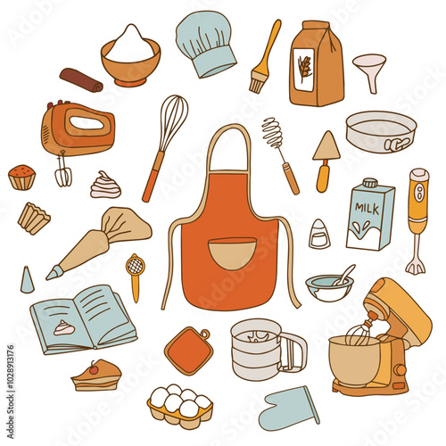 Colorful Collection of Baking Accessories. Set of Kitchen Accessories for Cooking in Doodle Style on White Background. Vector